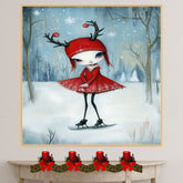 Whimsical Christmas Girl Ice Skating in Red Antler Hat and Dress Cute Fantasy Winter Art Print or Canvas for Holiday Decor and Collectors on Ready to Hang 1.5" Thick Canvas Wrap, Floating Framed Canvas, Flat Rolled Canvas